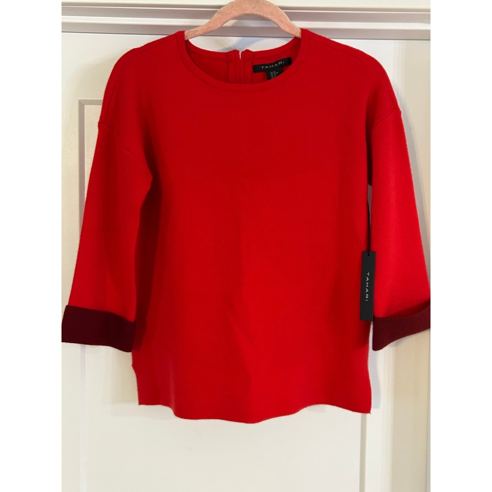 NEW Tahari Red 3/4β Sleeve Knit Sweater Top Cuffed Sleeves XS Cozy Cottagecore